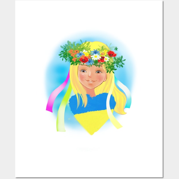 Ukrainian girl in a wreath with a heart in the colors of the flag of Ukraine. Peace to Ukraine Wall Art by sonaart